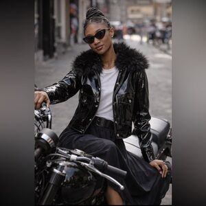 Anthropologie NWT Maeve Faux Leather Furry
Collar Jacket size XXS.